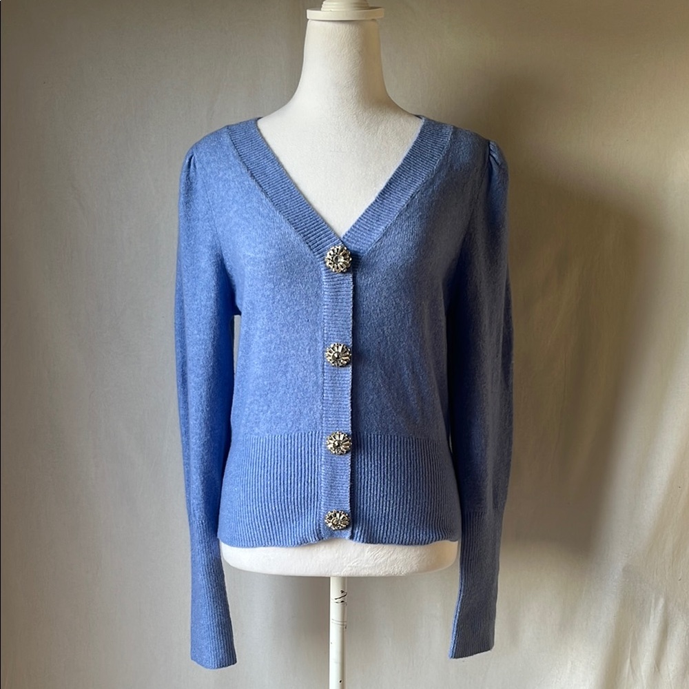 Light Blue Heathered Cardigan Sweater with V-Neck